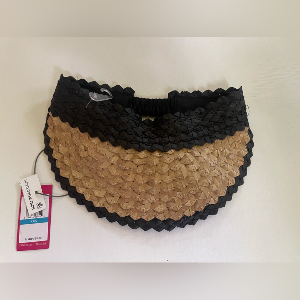 NWT VINCE CAMUTO Woven Straw SUN VISOR Hat NATURAL/ BLACK $38 - Picture 2 of 3